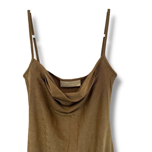 Karen Millen Gold Shimmer Mini Dress Size Small Draped Scoop Neck Stretchy Party - Picture 4 of 10